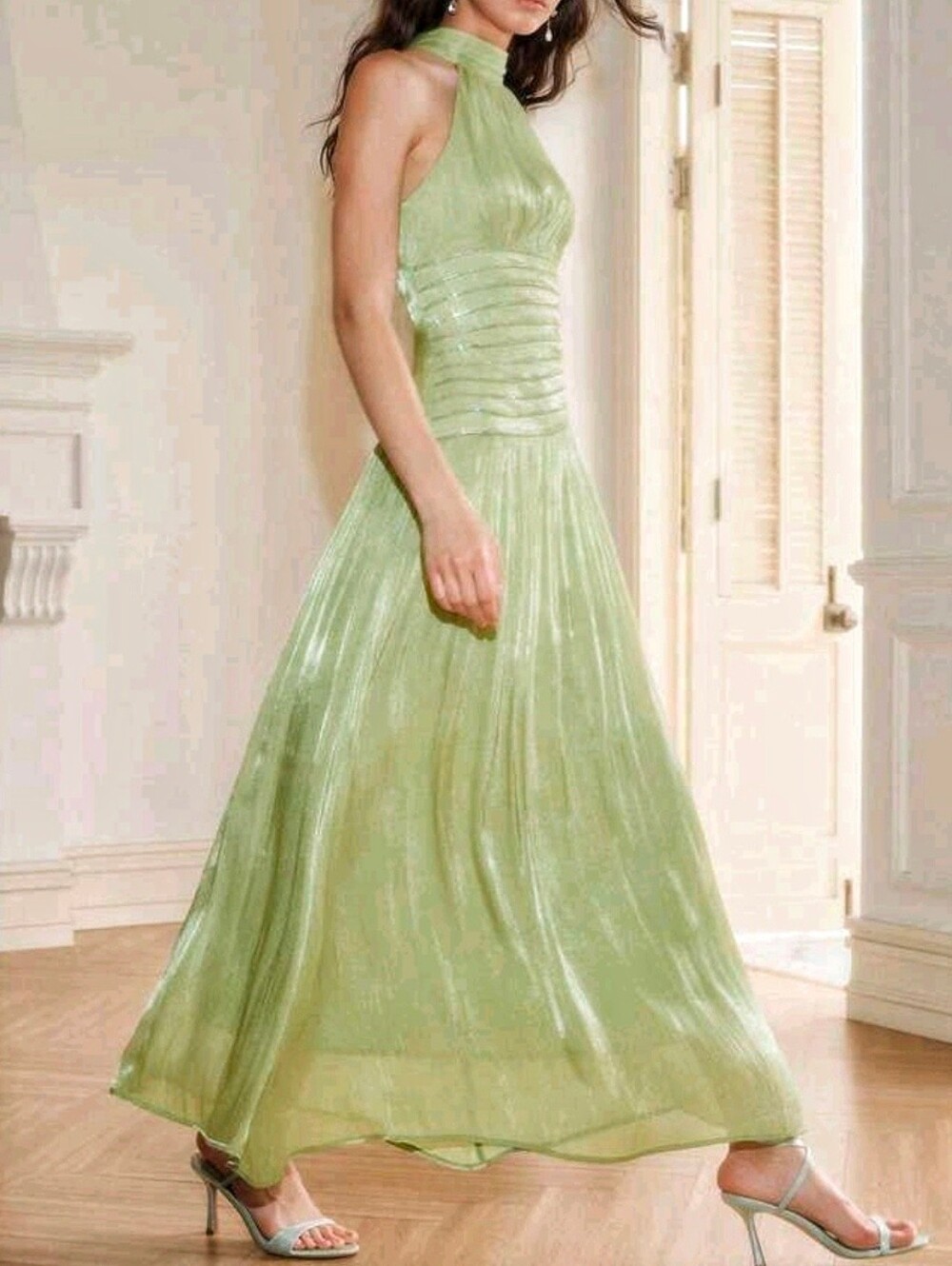 New Metallic Crinkled Halter Rhinestone Trim Maxi Dress Green - Picture 3 of 15